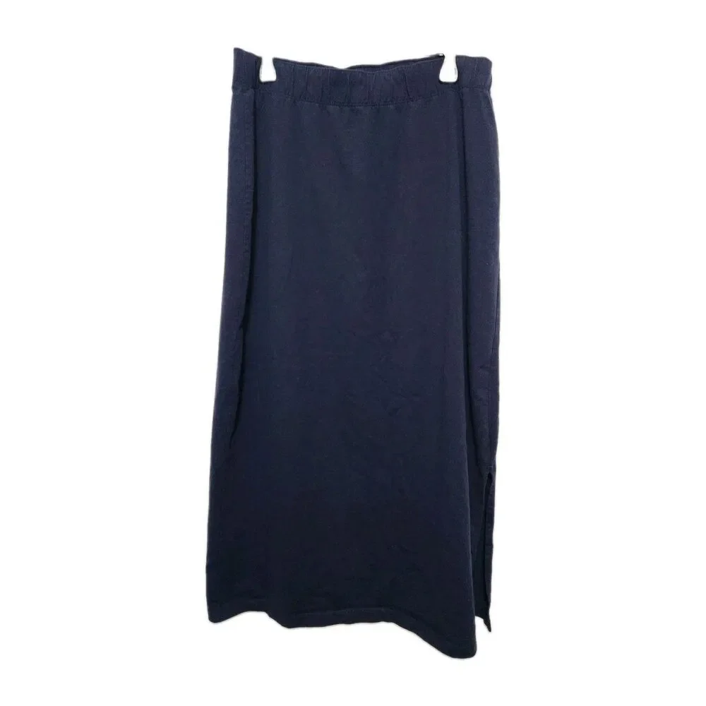Ellos Knit Maxi Skirt Womens L 18/20 Elastic Waist NAVY Side Slit Stretch Modest